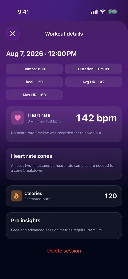 Workout detail with heart rate and calories